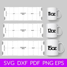 three white coffee mugs with the word doz on them and two matching labels for each