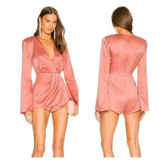 Michael Costello Xrevolve Cody Romper - Rose Pink 100% Poly. Hand Wash. Hidden Back Zipper Closure. Padded Shoulders. Ruched Draped Fabric Overlay. Satin Fabric. Never Worn, New $238 Retail Sold Out On Site Yes We Bundle! We Cannot Advise On Sizing Or Fit, Thank You Michael Costello Self Portrait Retrofete 3873 Glamorous Pink Jumpsuits And Rompers, Pink Jumpsuits And Rompers For Date Night, Pink Long Sleeve Jumpsuit For Night Out, Feminine Pink Jumpsuits And Rompers For Night Out, Tropical Romper, Rose Pink Color, Michael Costello, Satin Jumpsuit, Wrap Romper