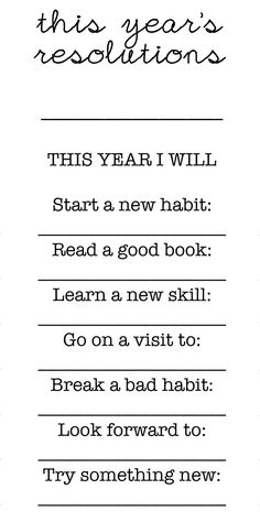 the new year's resolution is written in black ink on a white background with text