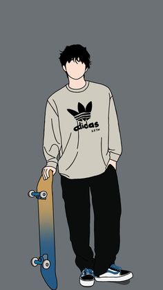 a young man holding a skateboard in his right hand and wearing adidas t - shirt