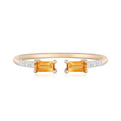 Add a touch of fashionable, of-the-moment style to your look with this slender and sparkling citrine and diamond accent stacking ring. Crafted in glimmering 10K yellow gold, this ring features two baguette citrine gemstones complemented by six round single cut diamonds that add the perfect touch of shine. Wear this ring alone or layered with your favorite accessories. | Citrine & Diamond Accent Stacking Ring | 10K Yellow Gold | Size 7.5 | Layering & Stacking November Birthstone Rings, Citrine Stackable Ring, Elegant Multi-stone Citrine Rings, Fine Jewelry Citrine Multi-stone Topaz Ring, Luxury Citrine Multi-stone Rings, Gold Citrine Diamond-cut Jewelry, Helzberg Diamonds, November Birthstone Ring, Measure Ring Size