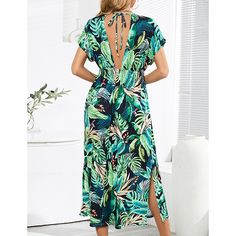 Green Printed Bat Sleeve V Neck Long Dress Green Tropical Print Midi Dress For Vacation, V-neck Leaf Print Beach Dress, V-neck Leaf Print Dress For Beach, Green Tropical Print Midi Dress For Brunch, Summer V-neck Dress With Leaf Print, Green Tropical Print Midi Dress For Beach, V-neck Leaf Print Dress For The Beach, Casual Green Midi Dress With Tropical Print, Green Tropical Midi Dress For Beach