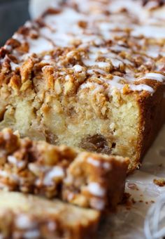 an apple fritter bread is sliced and ready to be eaten with the title above it