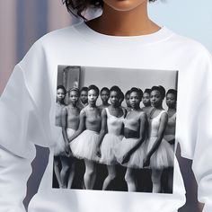 This ADULT UNISEX sweatshirt features a vintage style black and white image of black ballerinas. Inspired by dancers and theater arts enthusiasts, it's a soft top and offers a comfortable feel. The material is 50% cotton and 50% polyester; however, fabric content may vary based on the color sweatshirt you select. Available in multiple sizes and colors. Check the included measurement chart for just the right fit. An excellent gift for us. Visit The Trini Gee for more: https://www.etsy.com/shop/th Fitted Graphic Print Sweatshirt For Spring, Hip Hop Crew Neck Top For Dance, Hip Hop Style Crew Neck Top For Dance, Casual Crew Neck Top For Dance, White Fitted Sweatshirt For Streetwear, Fitted White Sweatshirt For Streetwear, White Casual Dance Top, White Casual Tops For Dance, Casual White Top For Dance