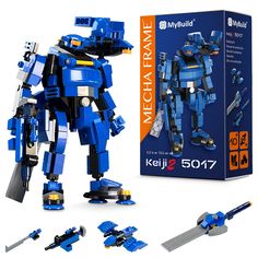 a blue lego robot is in front of a box and instructions to make it look like an action figure