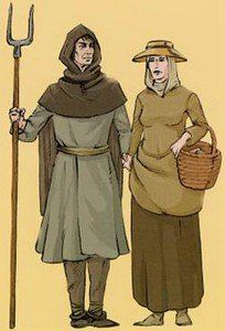 two people dressed in medieval clothing and holding pitchforks are standing next to each other