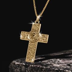 Faith and fashion come together in this striking cross pendant. The contemporary cross is crafted from premium stainless steel, in a luxurious gold finish; and features an impressive textured finish with a courageous lion head in the center. A glorious display of faith. Luxury Gold Crucifix Cross Necklace, Luxury Cross Necklace, Contemporary Cross, Lion Pendant, Gold Watch Men, Wings Design, Men's Necklace, Lion Head, Mens Jewelry Bracelet