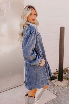 - Every trendsetting cutie needs this adorable mini dress! With its timeless denim and relaxed fit, it's the perfect piece for an effortlessly charming look. - Unlined non-stretch denim material - A subtle uneven collared neckline - A buttoned front - Long sleeves with elastic cuffs - Functional chest pockets and hidden side pockets - A relaxed silhouette that ends in a straight, mini dress length hemline Denim Material, Denim Mini Dress, Denim Mini, Stretch Denim, Dress Length, Long Sleeves, Relaxed Fit, Mini Dress, Elastic