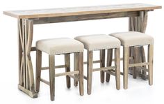 three stools and a table with two barstools in front of it on a white background