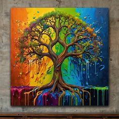 an abstract painting of a colorful tree with dripping paint on it's branches and leaves