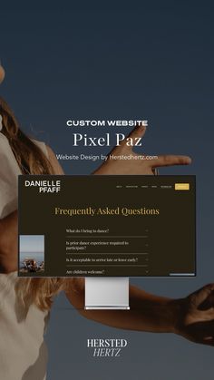 a woman holding her hands out in front of a computer screen with the words custom website pixell pazz on it