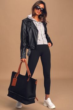 Black and Cognac Tote Bag - Vegan Leather Handbag - Oversized Bag Lulus Black Handbag, Casual Black Weekender Bag With Leather Trim, Fall Travel Bags With Leather Trim, Fall Travel Shoulder Bag With Leather Trim, Fall Travel Shoulder Bag With Leather Backing, Chic Weekender Bag With Leather Trim For Travel, Casual Shoulder Bag With Leather Trim For Work, Fall Leather Trim Shoulder Bag For Work, Chic Weekender Tote Bag With Leather Trim