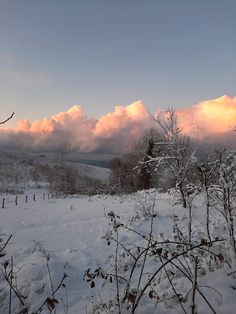 snow covered ground with trees in the foreground and clouds in the sky above it