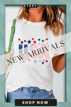 White Crewneck Stars and Stripes Usa Graphic Tee Spring Crew Neck T-shirt With Star Print, Summer Crew Neck T-shirt With Star Print, Spring Graphic Tee With Star Print, Patriotic Star Print Short Sleeve T-shirt, Patriotic Short Sleeve T-shirt With Star Print, Summer Crew Neck Top With Star Print, Casual Independence Day T-shirt With Star Print, White Star Print T-shirt For Spring, Casual Tops With Star Print For Independence Day