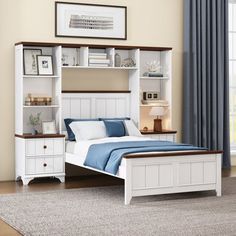 a bedroom with a bed, dresser and bookcases on the wall above it