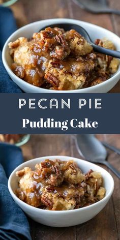 pecan pie pudding cake in a white bowl