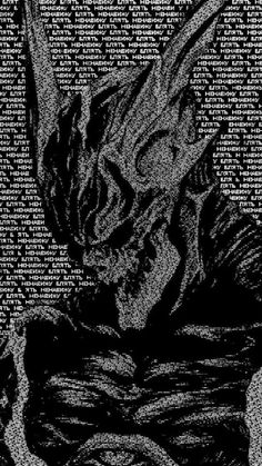 a black and white photo of an alien head with words all over it that are written in the background