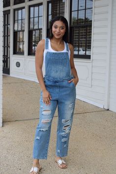 "Get ready to rock a cool, casual look with our Distressed Denim Overalls! The perfect mix of comfort and style, these overalls feature a loose fit and handy pocket for all your essentials. Say goodbye to boring outfits and hello to effortless cool. Denim never looked so good!" Denim Overalls, Distressed Denim, Casual Looks, Overalls, Loose Fitting