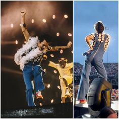 two pictures one with a man in overalls and the other with an afro on stage