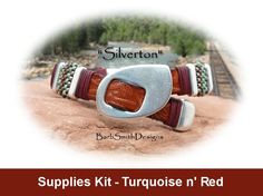 the supplies kit includes a leather bracelet and an orange stone bead clasp, which is attached to a silvertone buckle