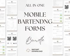 the all in one mobile bartending forms bundle is displayed on a white background