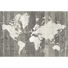 an old world map is displayed on a wooden paneled wall in grey and white