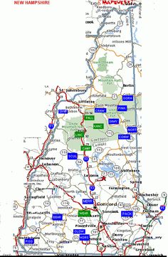 a map of the state of new hampshire with roads and major cities in red, green and blue