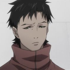 an anime character with black hair and green eyes wearing a hoodie looking at the camera