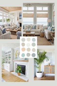 a living room filled with furniture and lots of windows covered in shades of blue, beige, and white