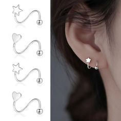 Womens Silver Small Star Heart Spiral Huggie Hoop Earrings Trendy Ear Stud 2pcs | eBay Silver Minimalist Earrings, Small Gifts For Best Friends, Ears Piercing Ideas, Small Gift For Friends, 3 Ear Piercings, Star Piercing, Star Earrings Silver, Goddess Of Fortune, Kpop Earrings