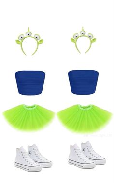 the princess and the frog costume is shown with shoes, headbands, and tiara