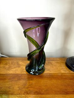 Stunning Amethyst Purple Handblown Art Glass Vase With Applied swirl Green Wrapped Vines Murano style 9.5 inches Glitter base Bamboo Plates, Glitter Design, Art Glass Vase, Amethyst Purple, Green Kitchen