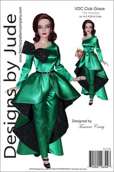 a paper doll is wearing a green dress and black shoes with red lipstick on her lips