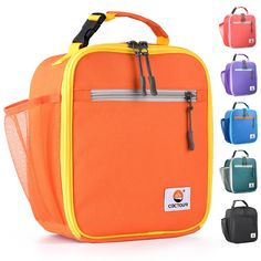 an orange lunch bag with multiple compartments and zippers on each side, all in different colors