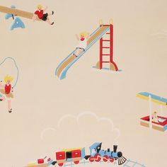 a child's wallpaper with trains, planes and children's playgrounds