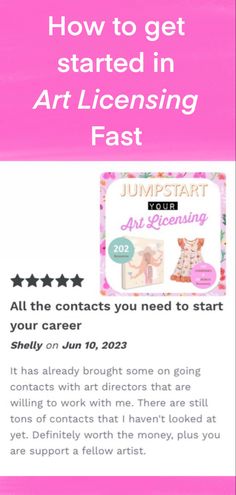 How to get started in Art Licensing fast. An image of pdf ‘Jumpstart Your Art Licensing’ with a 5 star review Artist Business, Creating Passive Income, Small Business Advice, Life Help, Positive Living, Learning Websites, Money Making Jobs, Business Advice, Art Licensing