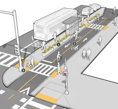 an intersection with people walking and riding bikes