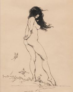 a drawing of a naked woman with long hair and no shirt standing on the beach