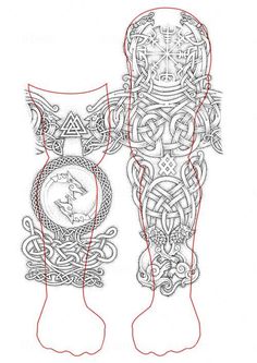 a drawing of two vases with celtic designs on the sides and one in the middle