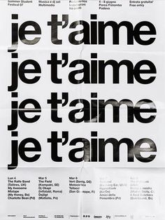 a poster with the words je t'aime in black and white on it