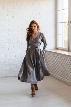 "Gray Linen Dress with Pockets, Linen Midi Dress, Linen Dress ♠ The must-have wrap top dress made from 100% high quality linen. This comfortable long sleeved dress has a V-neckline, side pockets and a wide tie belt that emphasizes the waist. Featured in the Gray shade here, this elegant and timeless linen piece is available in a variety of colors. ♠ If you would like a removable Slip dress in addition to your Linen dress, please check the Slips section: http://etsy.me/36T5ZQu ♠ Sizes The model on the picture is 165 cm/5'5\" tall and is wearing size S Have a look at my Size Chart to make sure your piece will fit you best: http://etsy.me/1SLONk3  When you open the link, please scroll down and if you have any doubts, just let me know! ** Custom Orders For any changes or adjustments you may ne Linen Clothing For Women, Linen Clothes For Women Classy, Linen Clothes Boho, Linen Dress Outfit, Wrap Top Dress, Academia Chic, Boho Dress Fall, Linen Wrap Dress, Midi Dress Fall