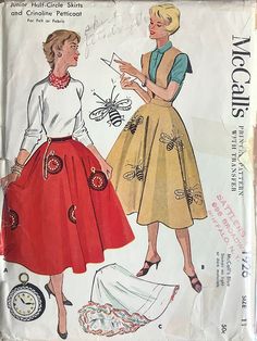 McCall's 1926; ©1954; Junior Half-Circle Skirts and Crinoline Petticoat. With transfers for Bee and Watch motifs. Size: 11 Waist: 25 1/2 Hip: 34 This pattern is partially cut and is complete. The marked envelope has tattering and no flap. OR Size: 13 Waist 24 1/2 Hip 32 This pattern is partially cut and is complete.  The marked envelope has tattering and no flap.   See images  above for additional pattern details  ★ ★ ★ ★ ★ ★ ★ ★ ★ ★ ★ ★ ★ ★ ★ ★ ★  Click below to view more patterns in my shop: h 50s Skirt Pattern, Petticoat Pattern, Skirt Pattern Easy, Half Circle Skirt, Circle Skirt Pattern, Mccalls Patterns Vintage, Evening Dress Patterns, Skirt Inspiration, Poodle Skirt