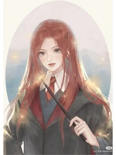 a woman with long red hair holding a wand