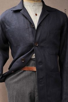 This jacket is based on the vintage engineer jacket but updated with simple three pockets on the front. The inside is clean finished. Made in medium weight Japanese linen. I like this version as the weight is light weight and yet the appearance is on the dressy side. Medium weight and comfortable. Will shrink slightly after washed (only cold temperature and air dry). Recommend dry clean if you want to maintain the dressy look. Classic fit. Timeless appeal. Size S: Shoulder 17 1/2", chest 40", fr Classic Linen Outerwear With Buttoned Pockets, Classic Blazer With Buttoned Pockets, Classic Unstructured Sport Coat With Buttons, Classic Unstructured Sport Coat With Button Closure, Unstructured Classic Sport Coat, Utility Blazer With Lapel Collar And Buttons, Utility Blazer With Lapel Collar And Pockets, Utility Blazer With Buttons And Lapel Collar, Classic Denim Jacket With Notch Lapel And Pockets