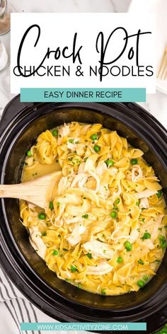 crock pot chicken and noodle recipe in a slow cooker with text overlay