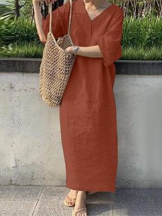 Women's Casual Dress Maxi Dress Basic Basic Daily V Neck Half Sleeve Summer Spring Navy Blue Orange Plain 2024 - $31.99 Linen Maxi Dress Summer, Sundress Casual, Breezy Dress, Family Party, Maxi Robes, Linen Maxi Dress, Linen Style, Linnet, Summer Maxi