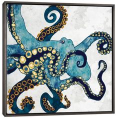 an octopus painting on canvas with blue and yellow colors