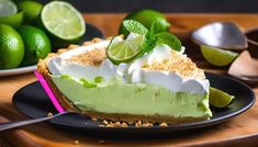 a slice of key lime pie on a black plate with spoons and limes in the background