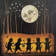 a painting of cats dancing in the woods at night with a full moon behind them