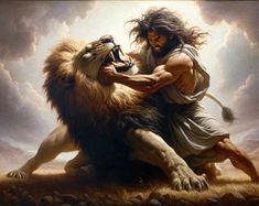 a painting of a man wrestling with a lion